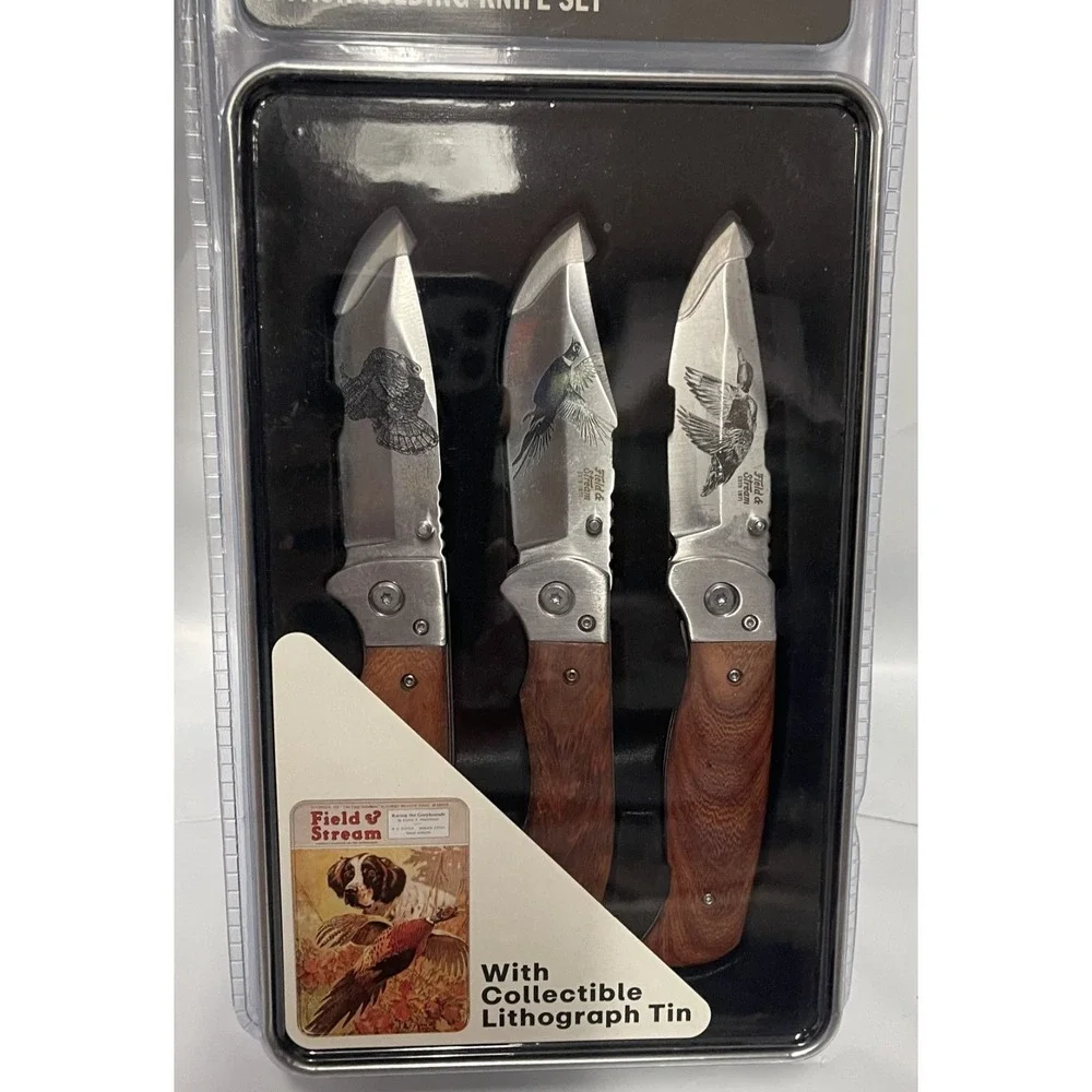 FIELD AND STREAM RACING THE‎ GREYHOUNDS BIRD 3 KNIFE SET WOOD HANDLES